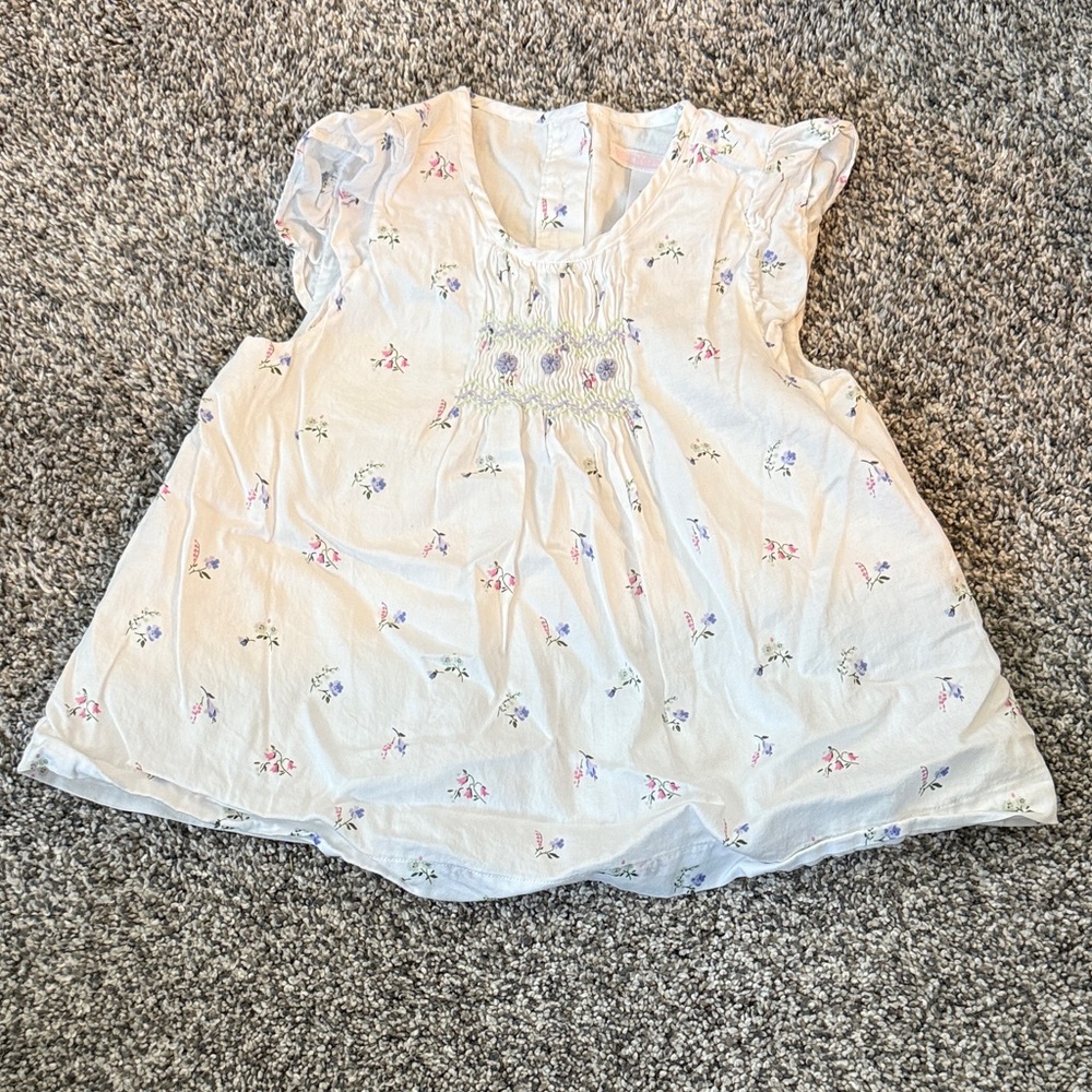 Janie and Jack Girls White Floral Smocked Short Sleeve Top Size 4